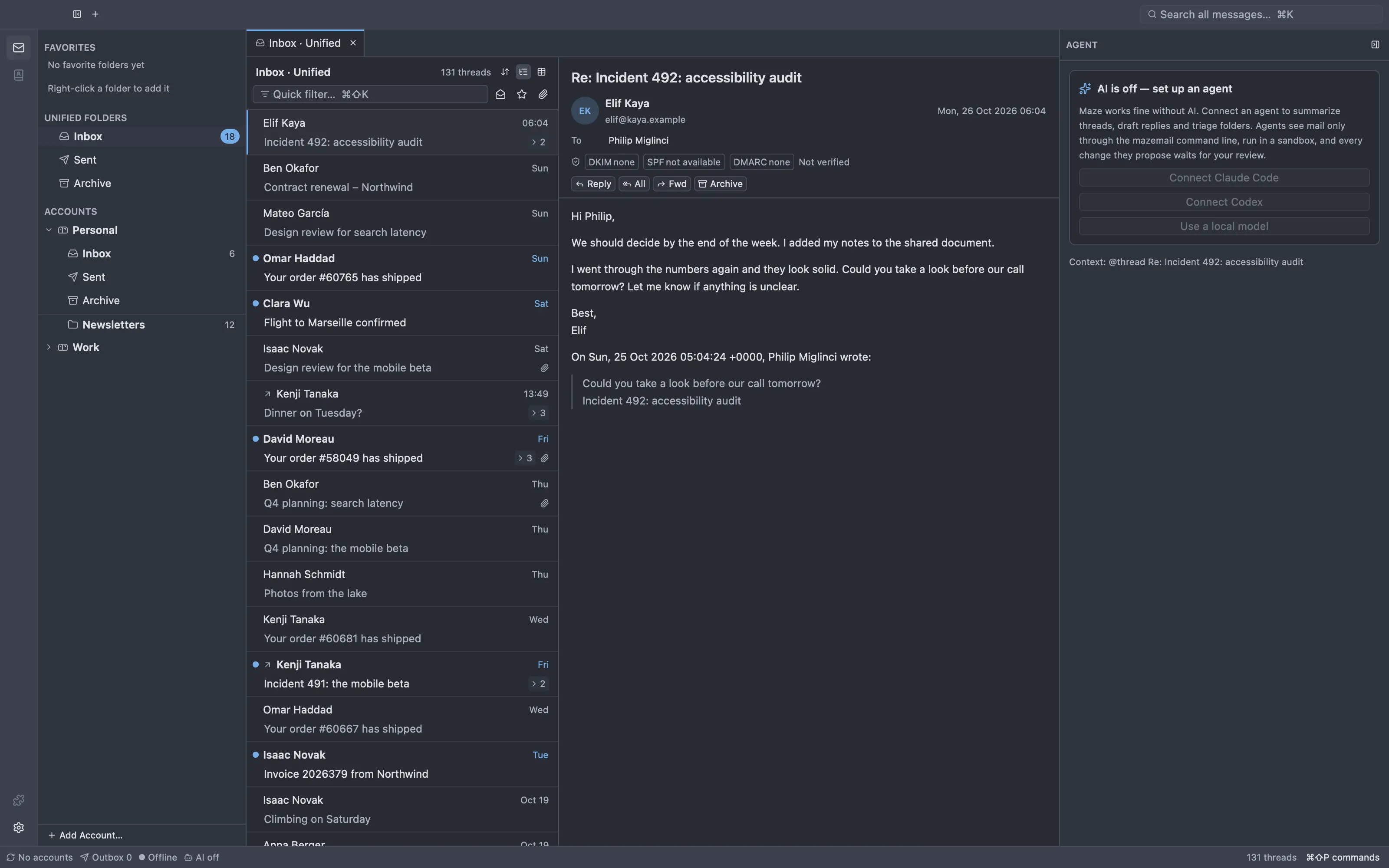 The Maze main window with demo mail: a folder pane with unified folders and accounts, a message list, an open message with DKIM, SPF and DMARC badges, and the agent column, which says AI is off.