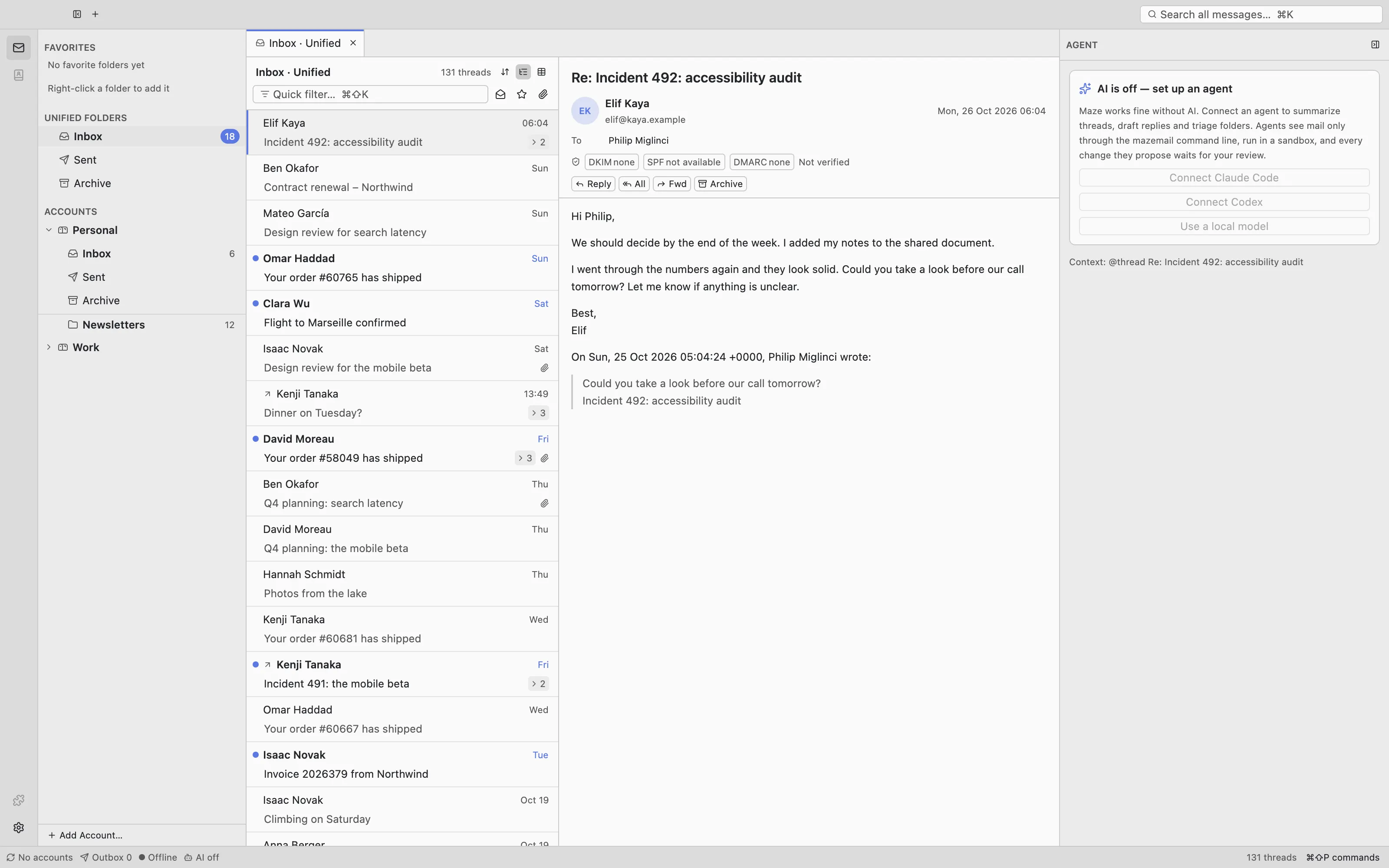 The Maze main window with demo mail: a folder pane with unified folders and accounts, a message list, an open message with DKIM, SPF and DMARC badges, and the agent column, which says AI is off.